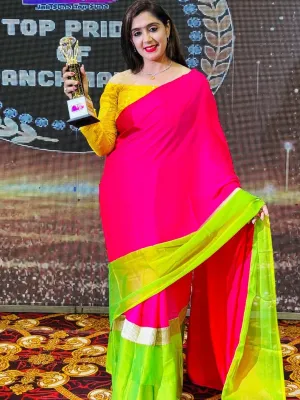 Fuchsia Satin Saree with Lime Green Chiffon border with Lace & yellow sequin Blouse Fabric