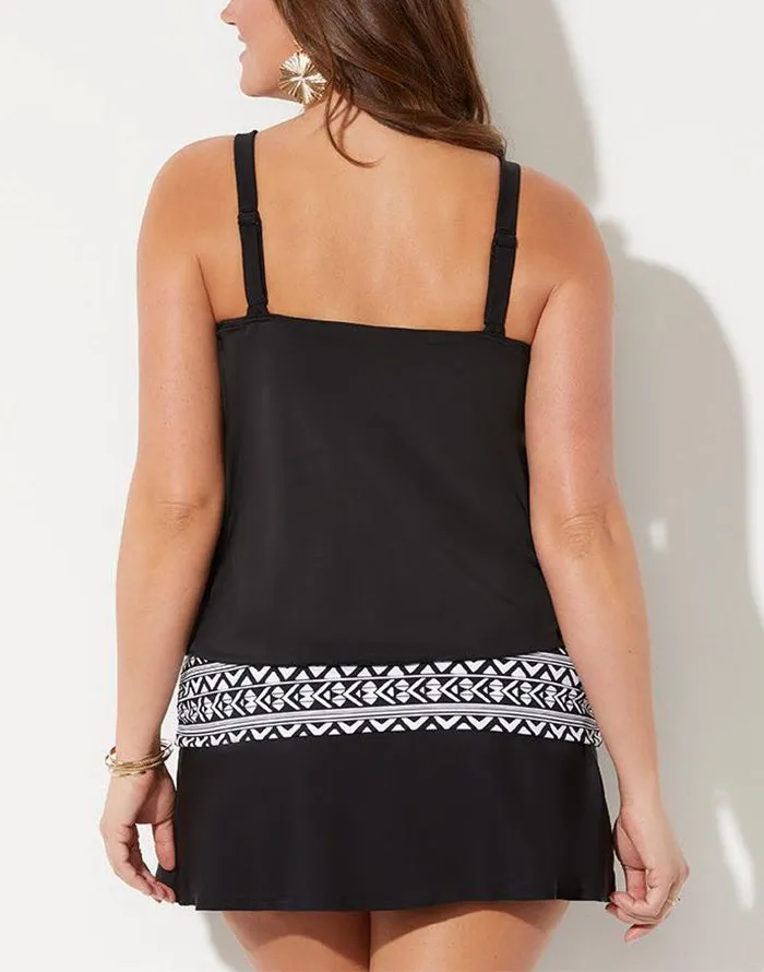 FULLFITALL - Black Loop Strap Blouson Tankini With A-Line Swim Skirt