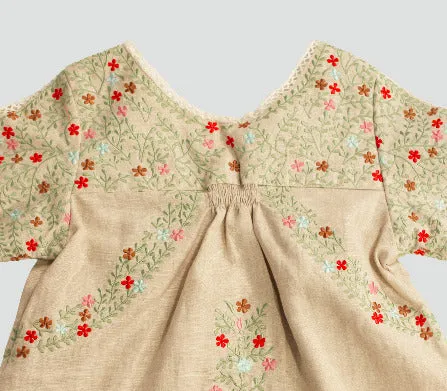 Girls Oatmeal Natural Colored Organic Linen Folk Fairy Embroidered Blouse
