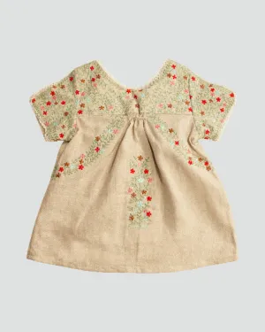 Girls Oatmeal Natural Colored Organic Linen Folk Fairy Embroidered Blouse