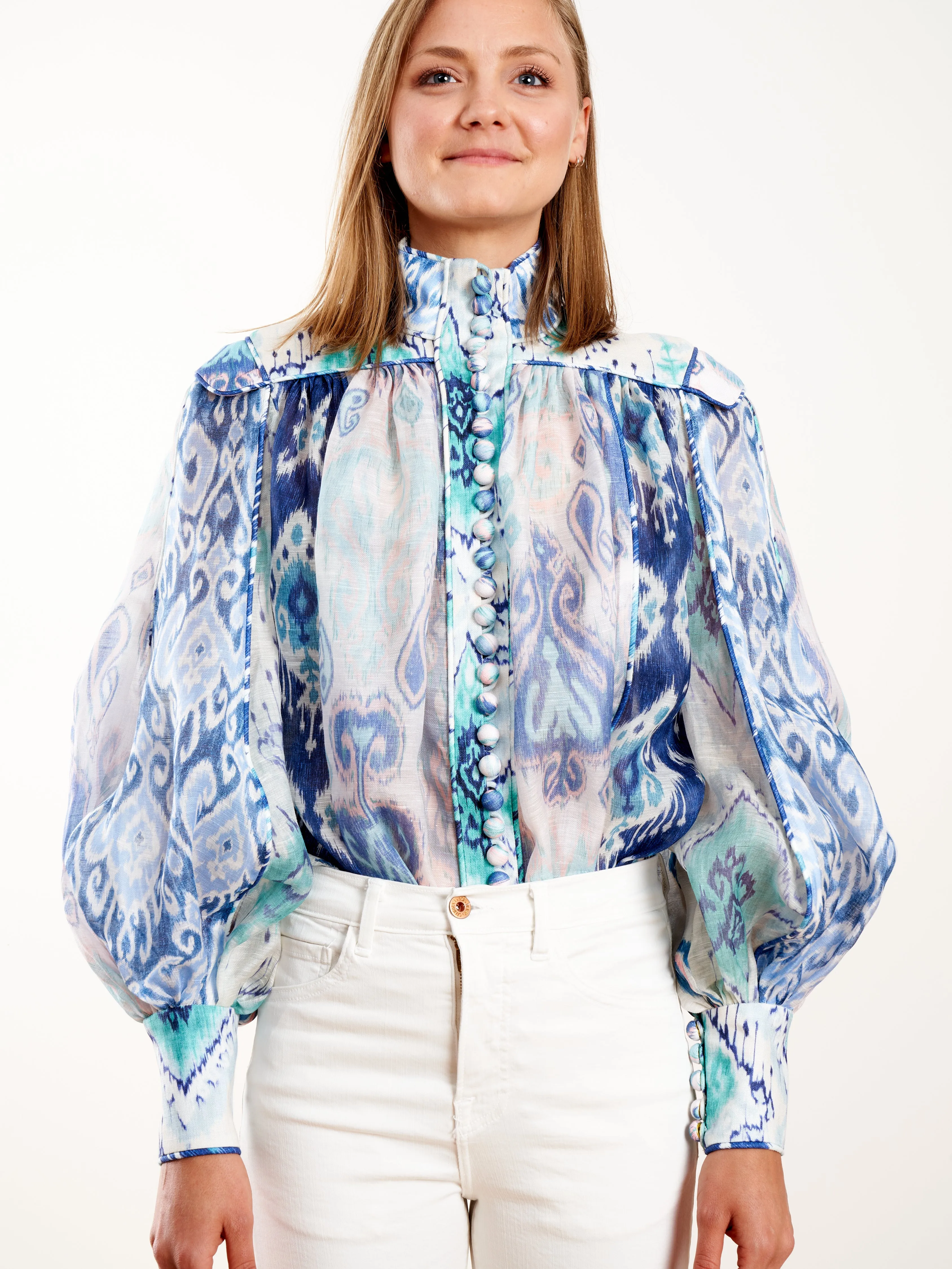 glassy long sleeve blouse - spliced blue ikat