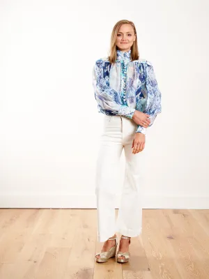 glassy long sleeve blouse - spliced blue ikat