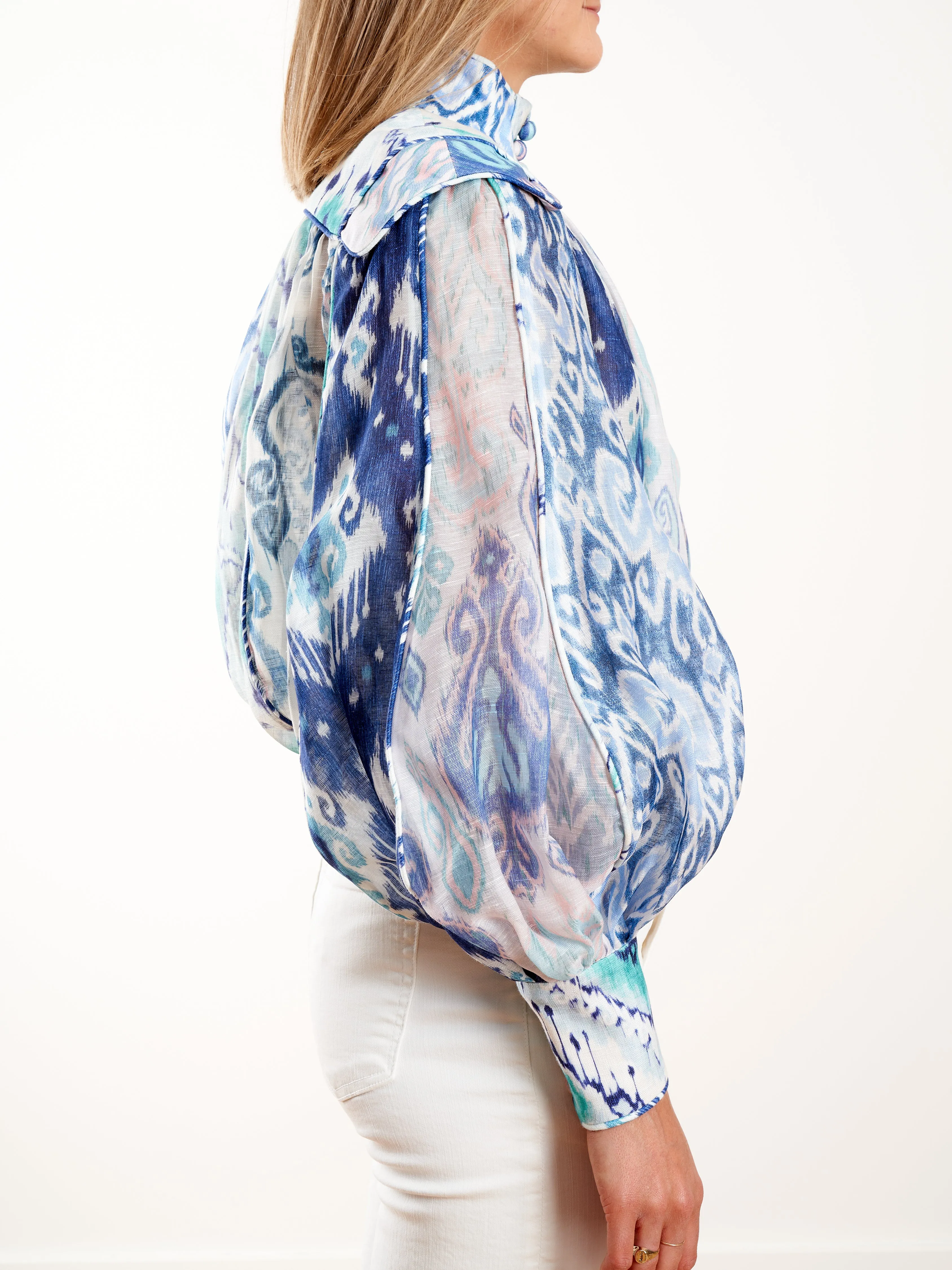 glassy long sleeve blouse - spliced blue ikat