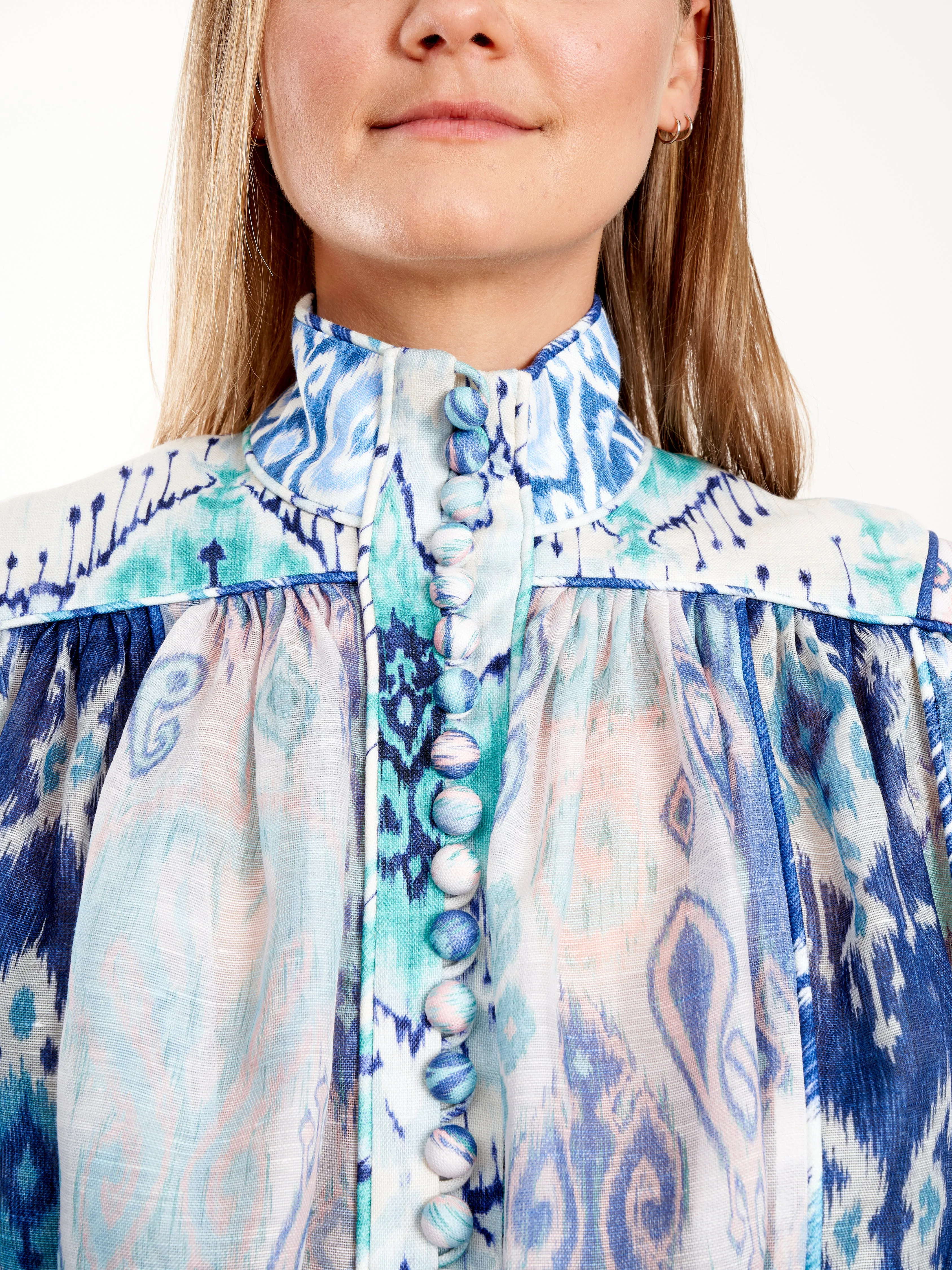 glassy long sleeve blouse - spliced blue ikat