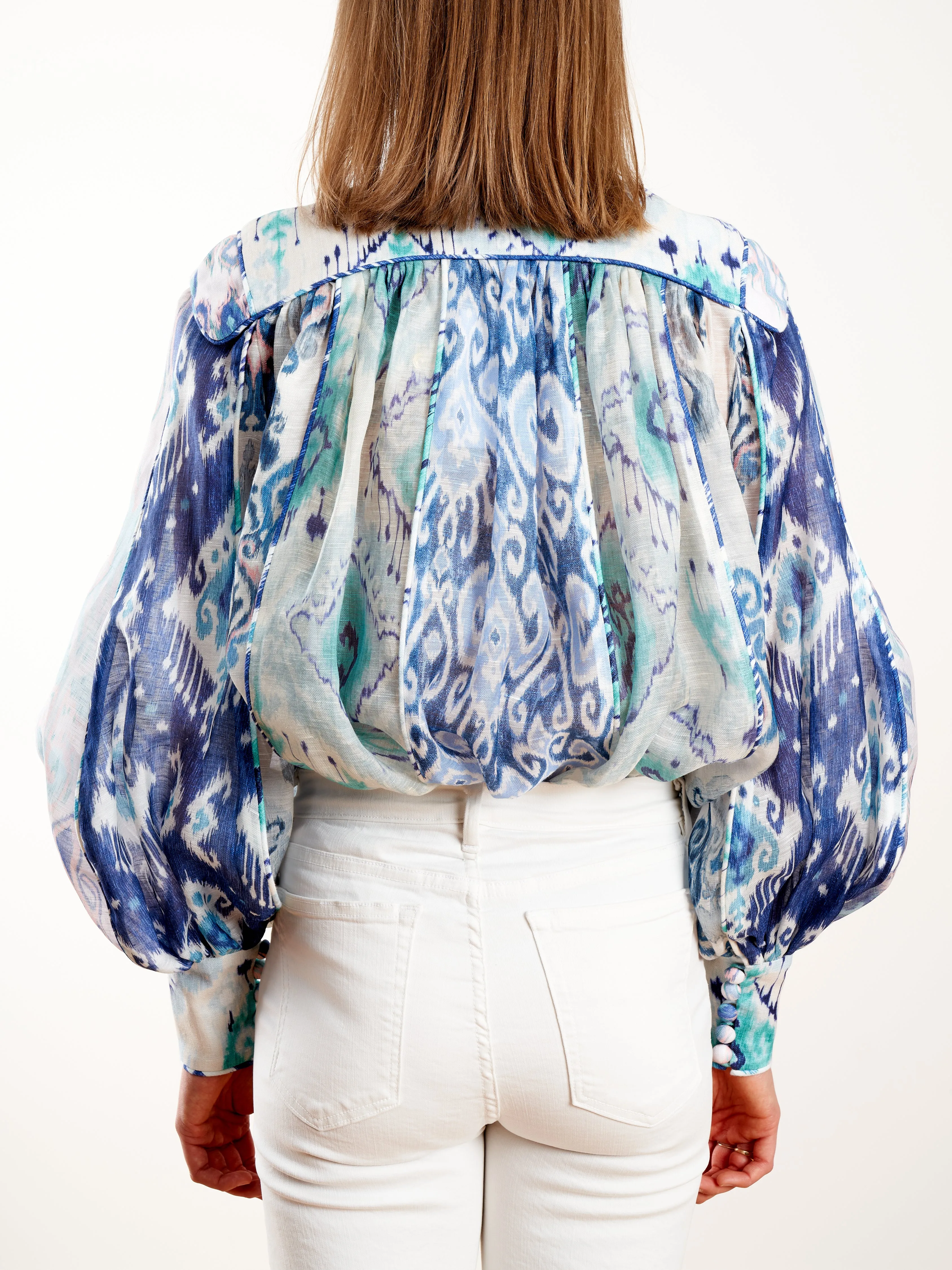 glassy long sleeve blouse - spliced blue ikat
