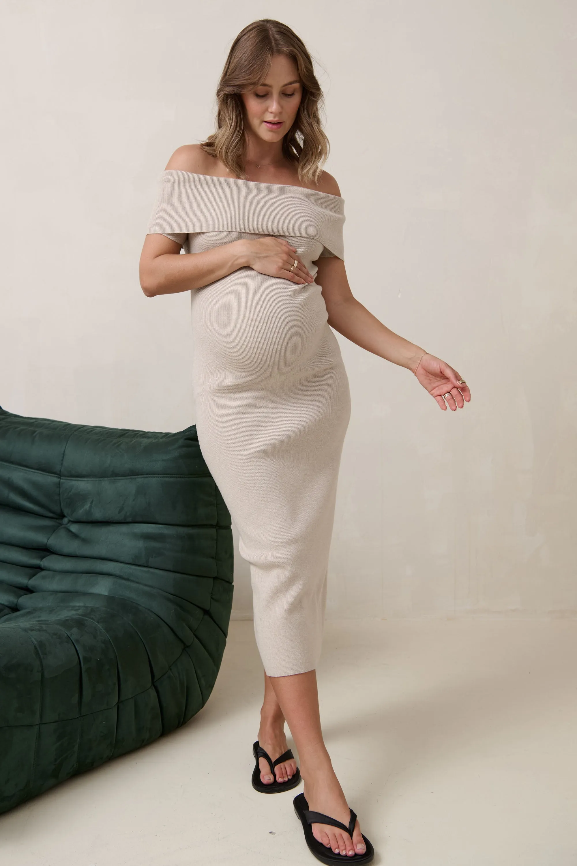 Glimpses Off Shoulder Dress - Oatmeal