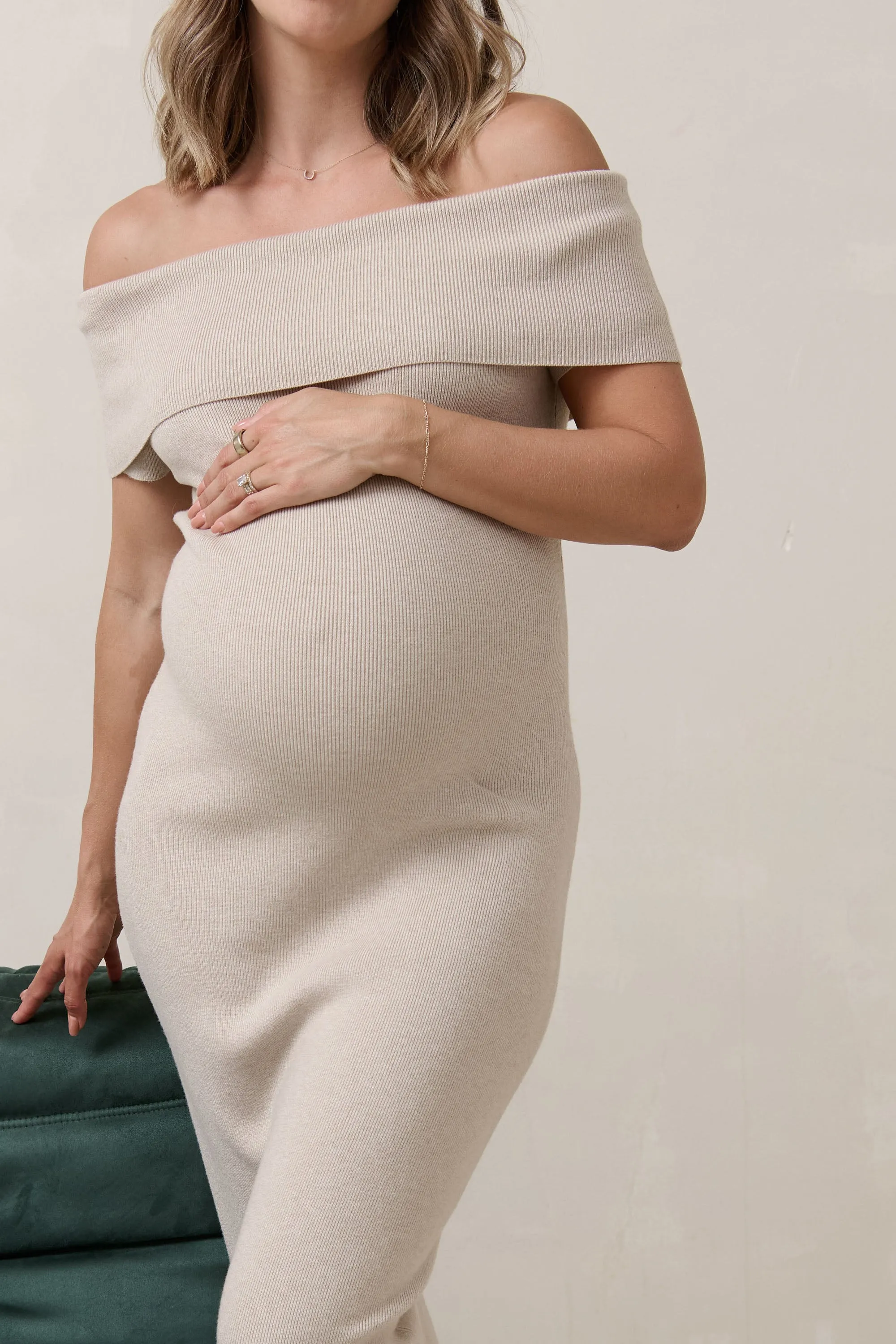 Glimpses Off Shoulder Dress - Oatmeal