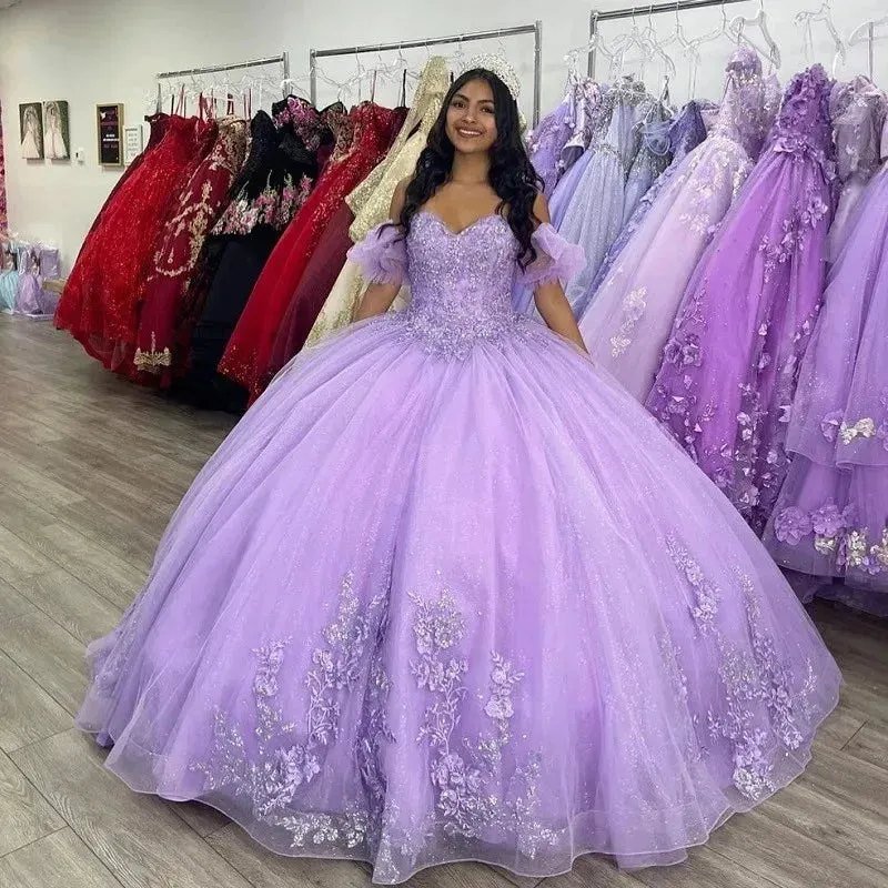 Glittering Quinceanera Dresses Vestidos De Años Floral Beading LacePrincess Birthday Party Gowns Corset