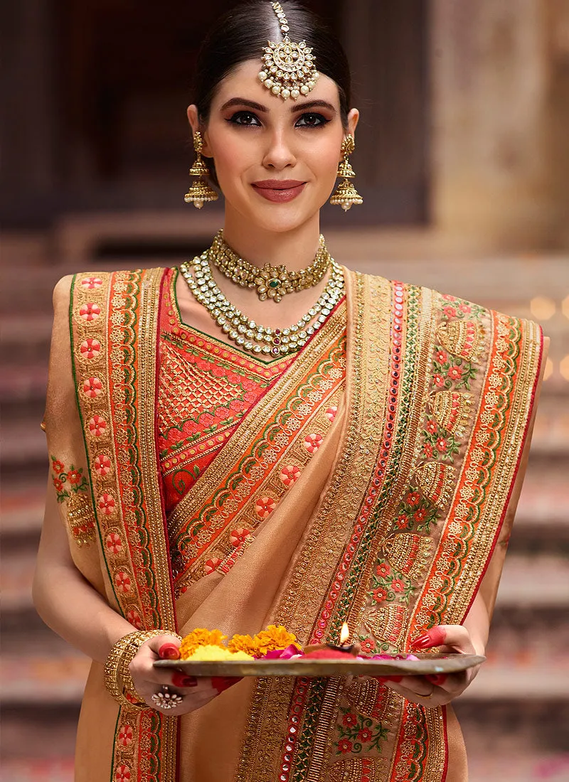 Golden Beige And Orange Zari Embroidered Traditional Saree