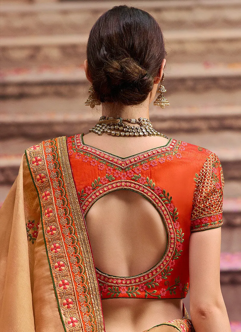 Golden Beige And Orange Zari Embroidered Traditional Saree
