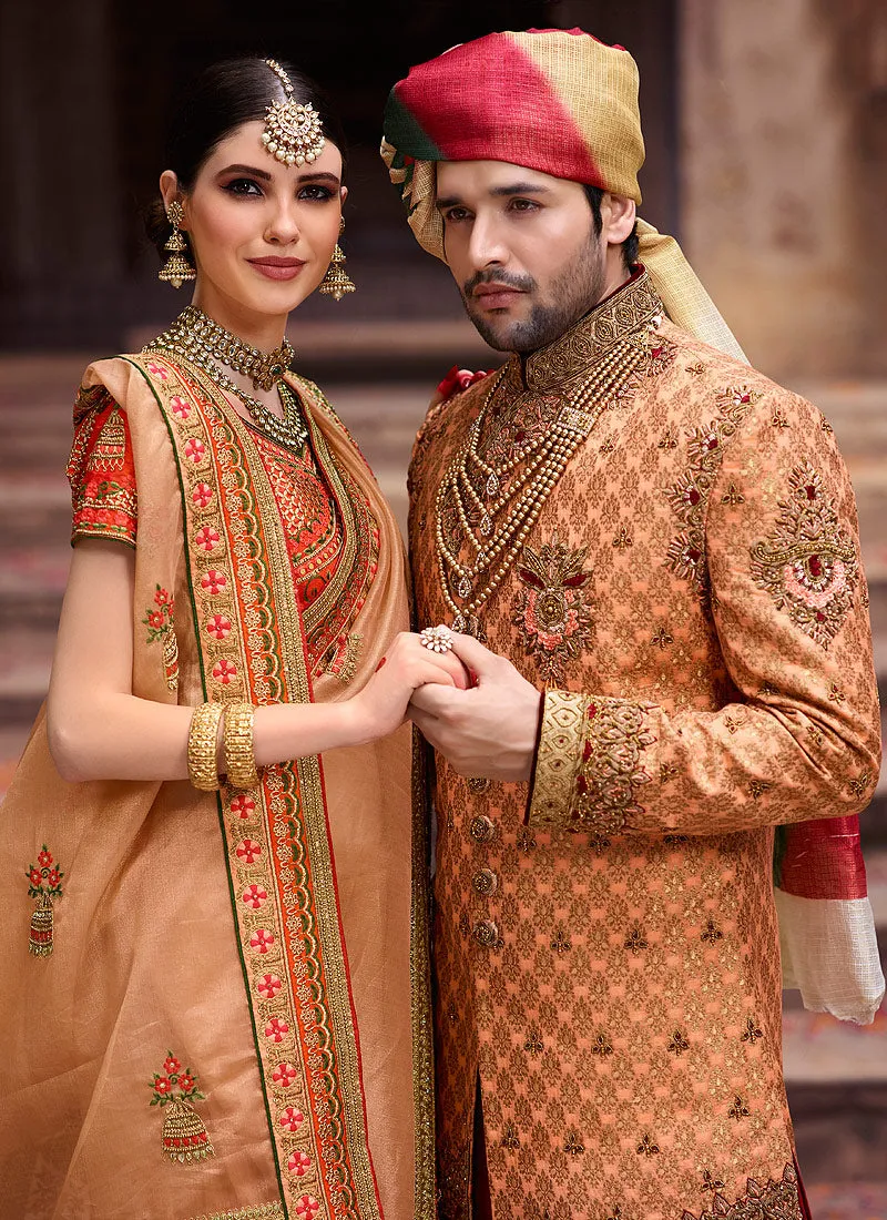 Golden Beige And Orange Zari Embroidered Traditional Saree