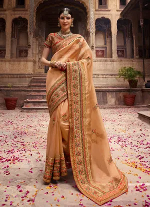 Golden Beige And Orange Zari Embroidered Traditional Saree