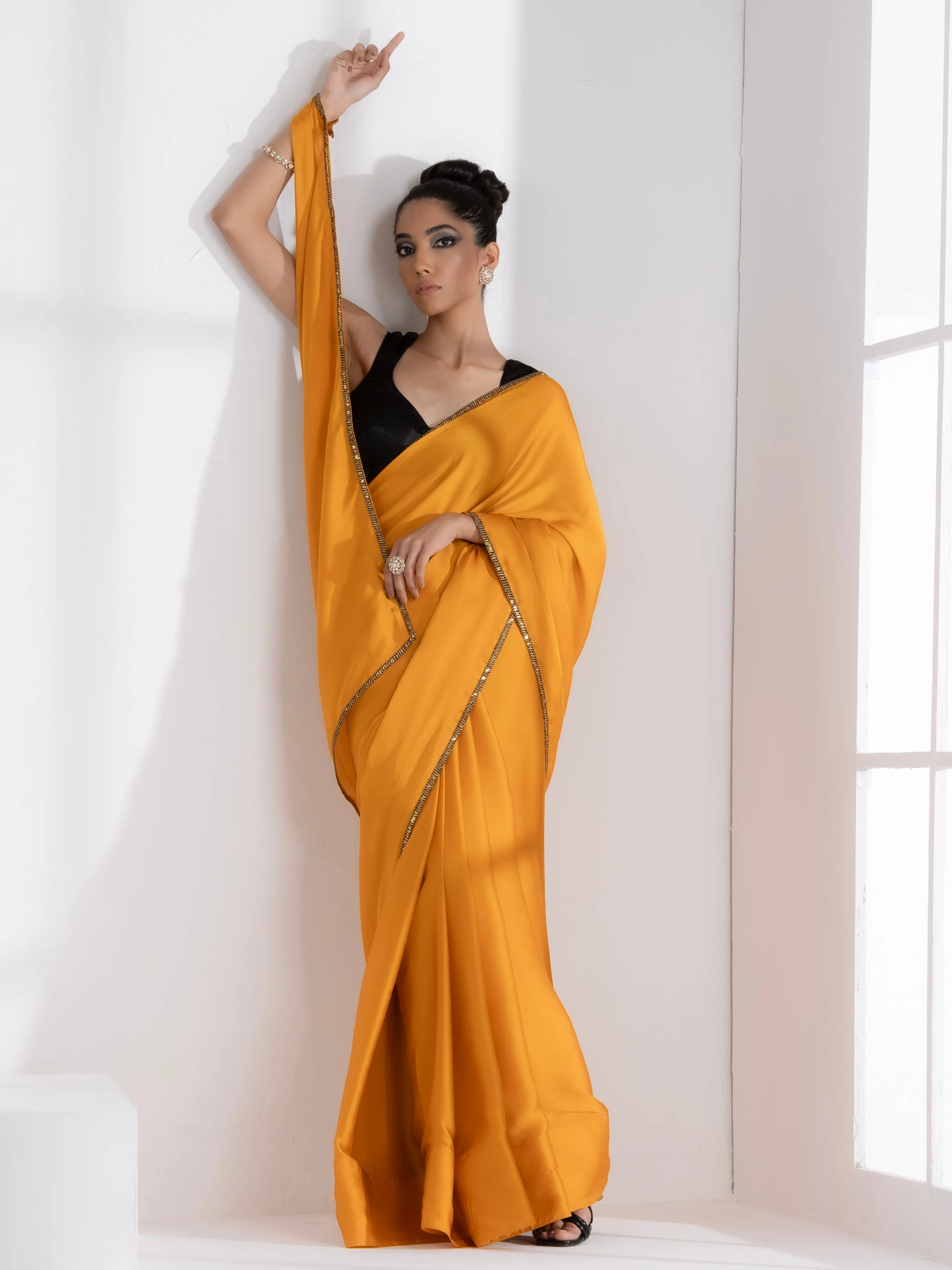 Golden Mustard Satin Saree with Lace