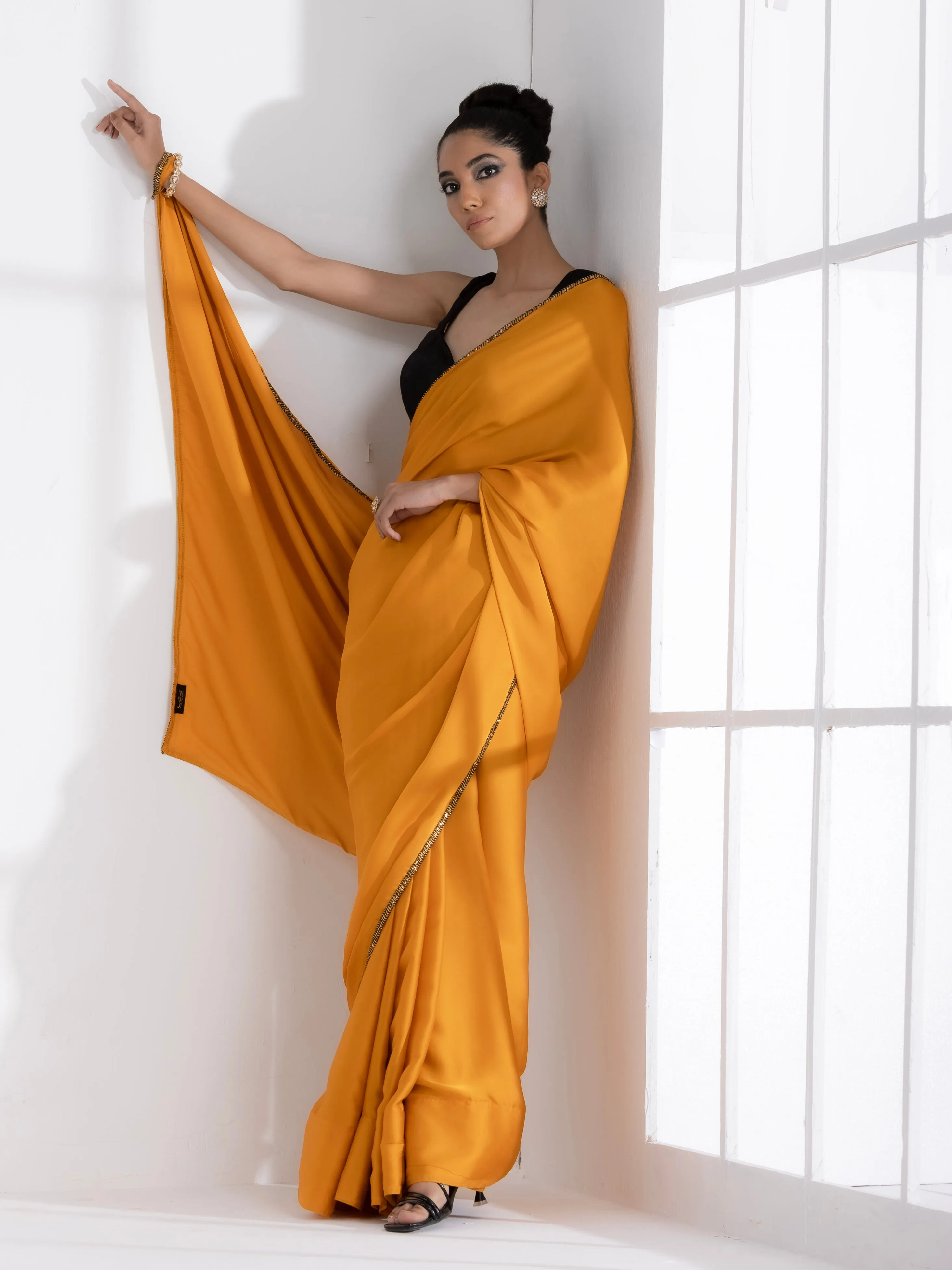 Golden Mustard Satin Saree with Lace