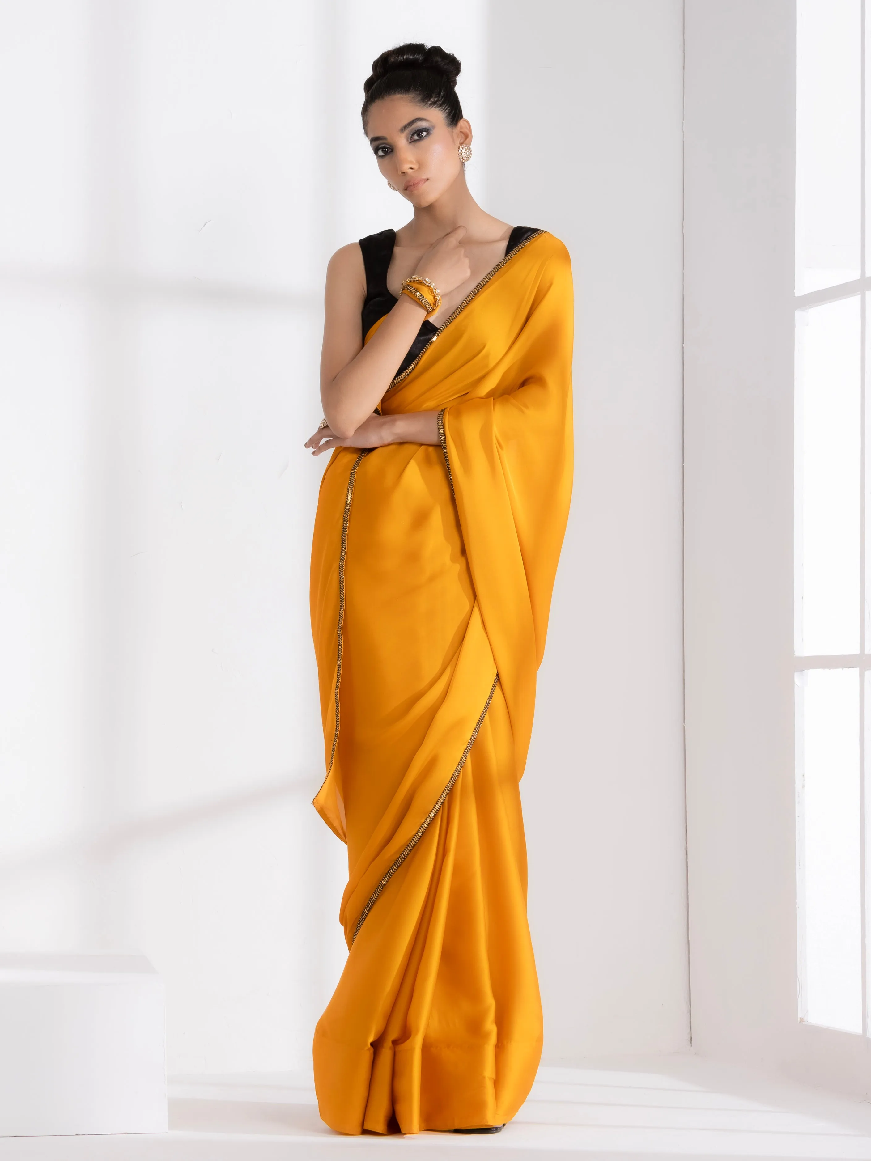 Golden Mustard Satin Saree with Lace