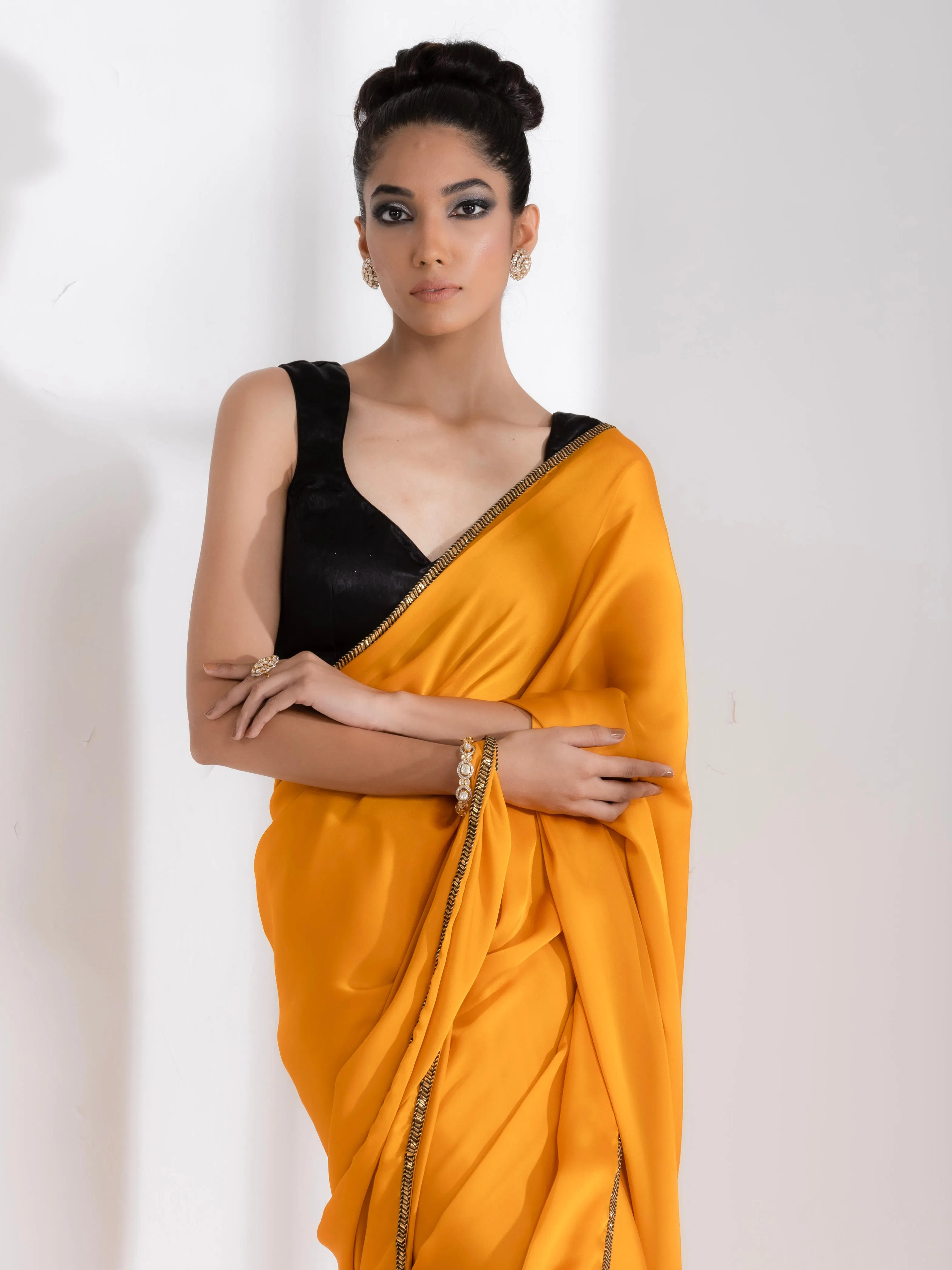 Golden Mustard Satin Saree with Lace