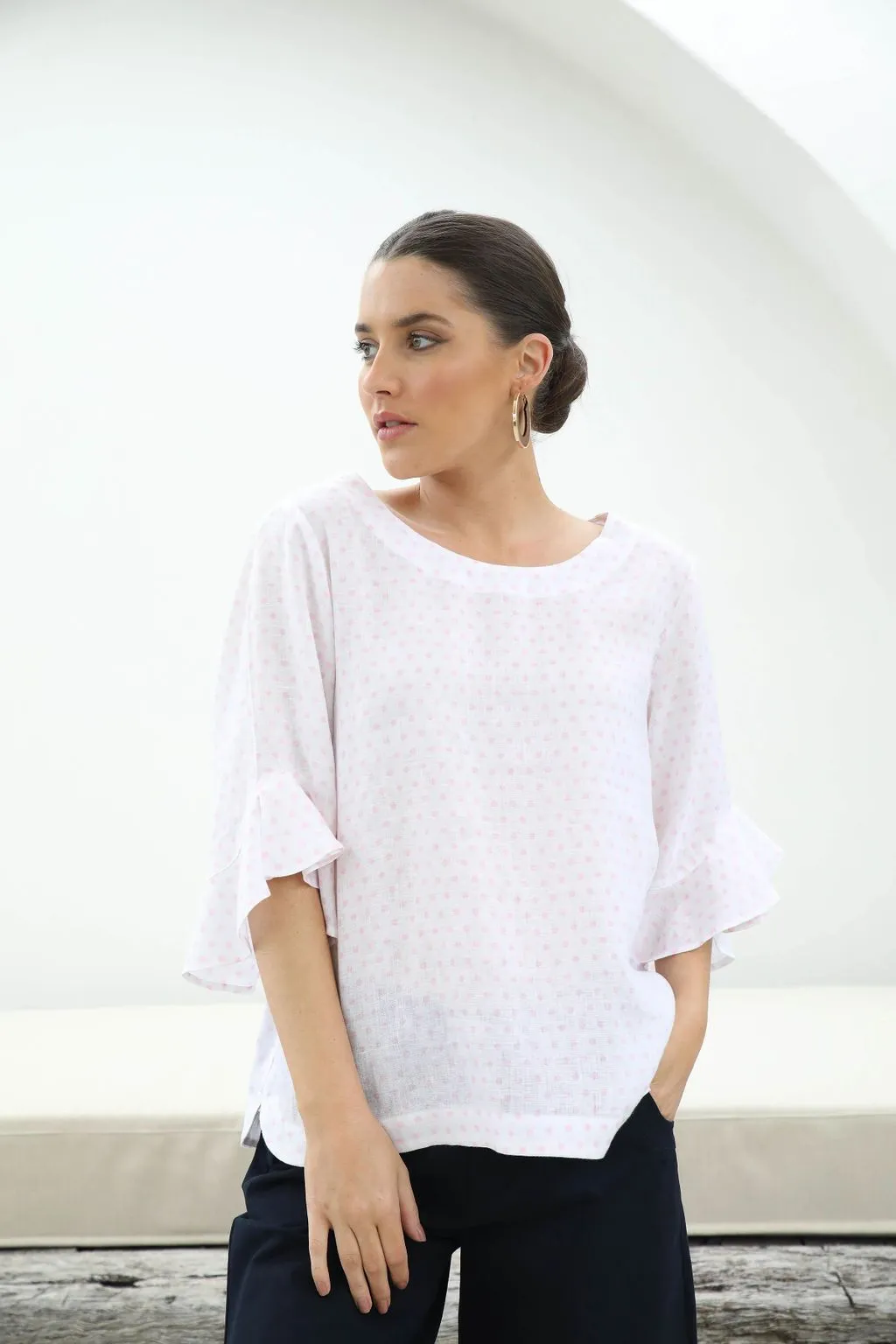 Goondiwindi Cotton 100% Linen Ruffle Sleeve Top - Spot - 3 Colours