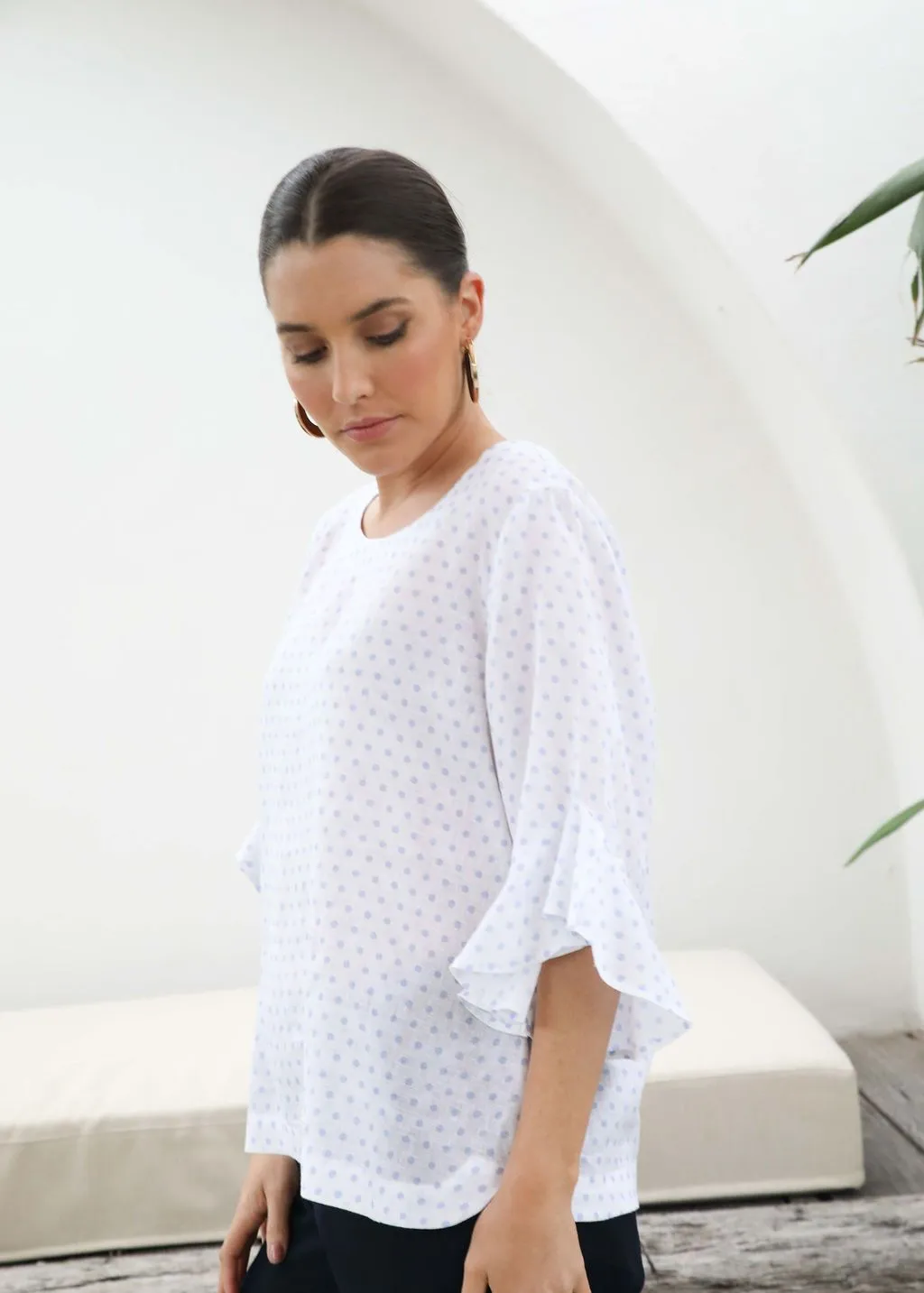 Goondiwindi Cotton 100% Linen Ruffle Sleeve Top - Spot - 3 Colours