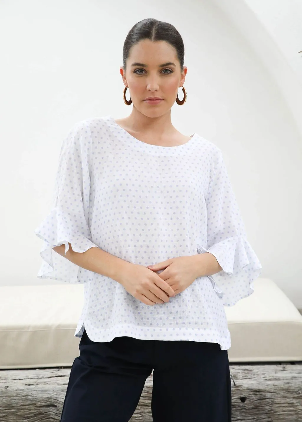 Goondiwindi Cotton 100% Linen Ruffle Sleeve Top - Spot - 3 Colours