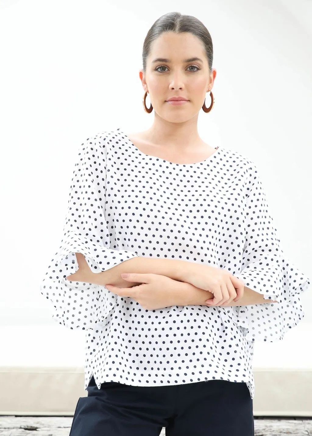 Goondiwindi Cotton 100% Linen Ruffle Sleeve Top - Spot - 3 Colours