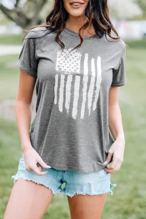 Gray America Flag Print Short Sleeve Crewneck T-shirt