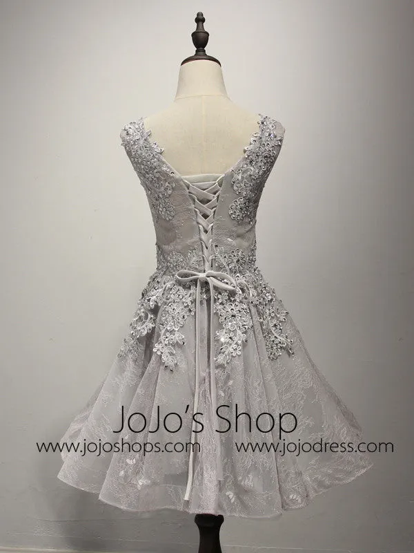 Gray Lace Short Bridesmaid Dress with Beadings
