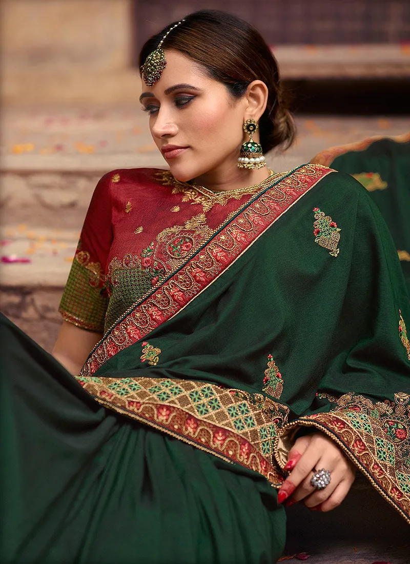 Green And Maroon Zari Embroidered Traditional Saree