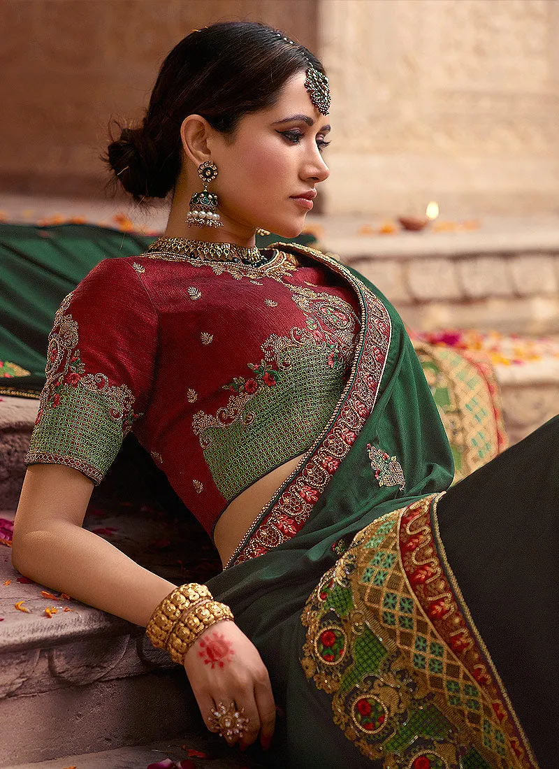 Green And Maroon Zari Embroidered Traditional Saree