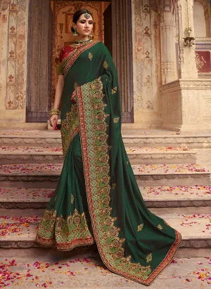 Green And Maroon Zari Embroidered Traditional Saree
