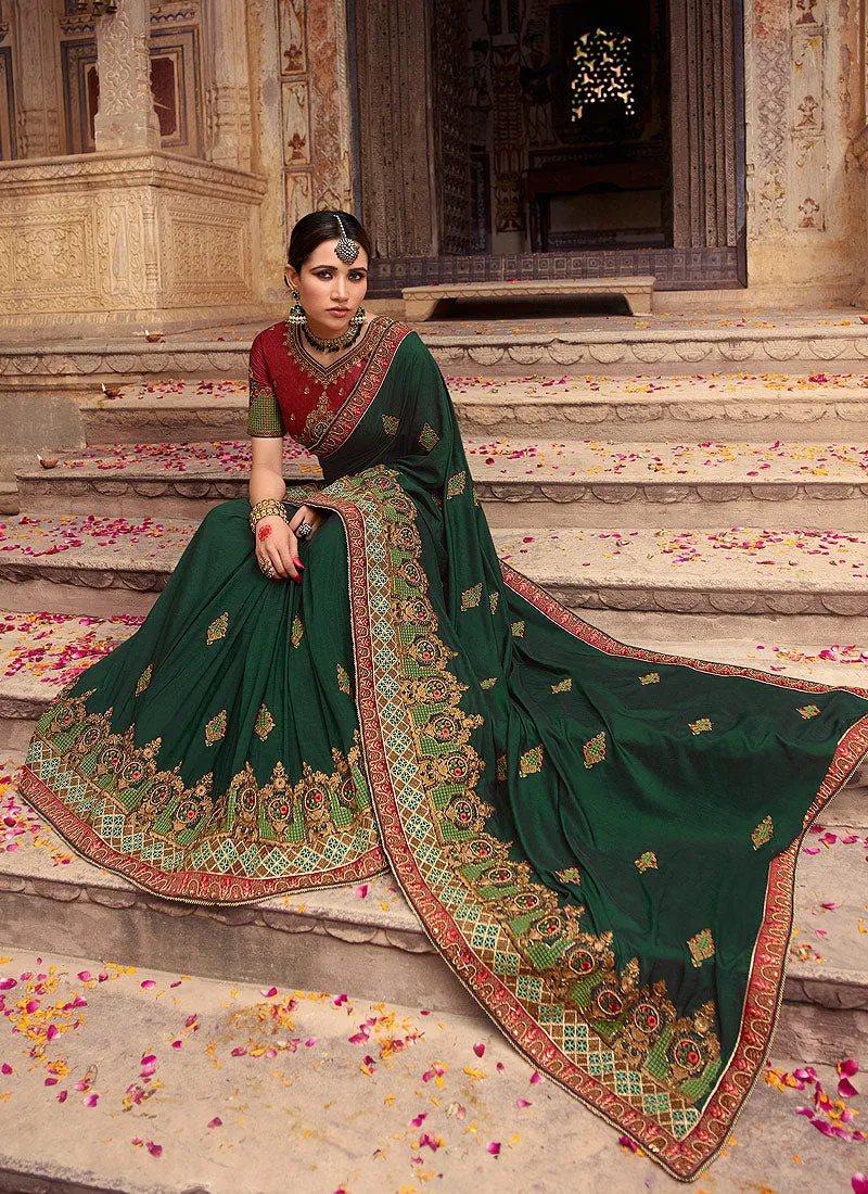 Green And Maroon Zari Embroidered Traditional Saree