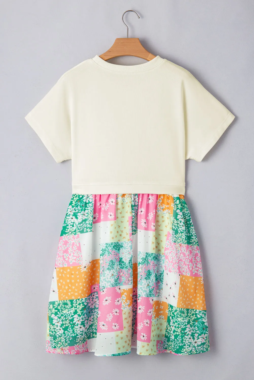 Green Floral Patchwork T Shirt Pleated Loose Fit Mini Dress