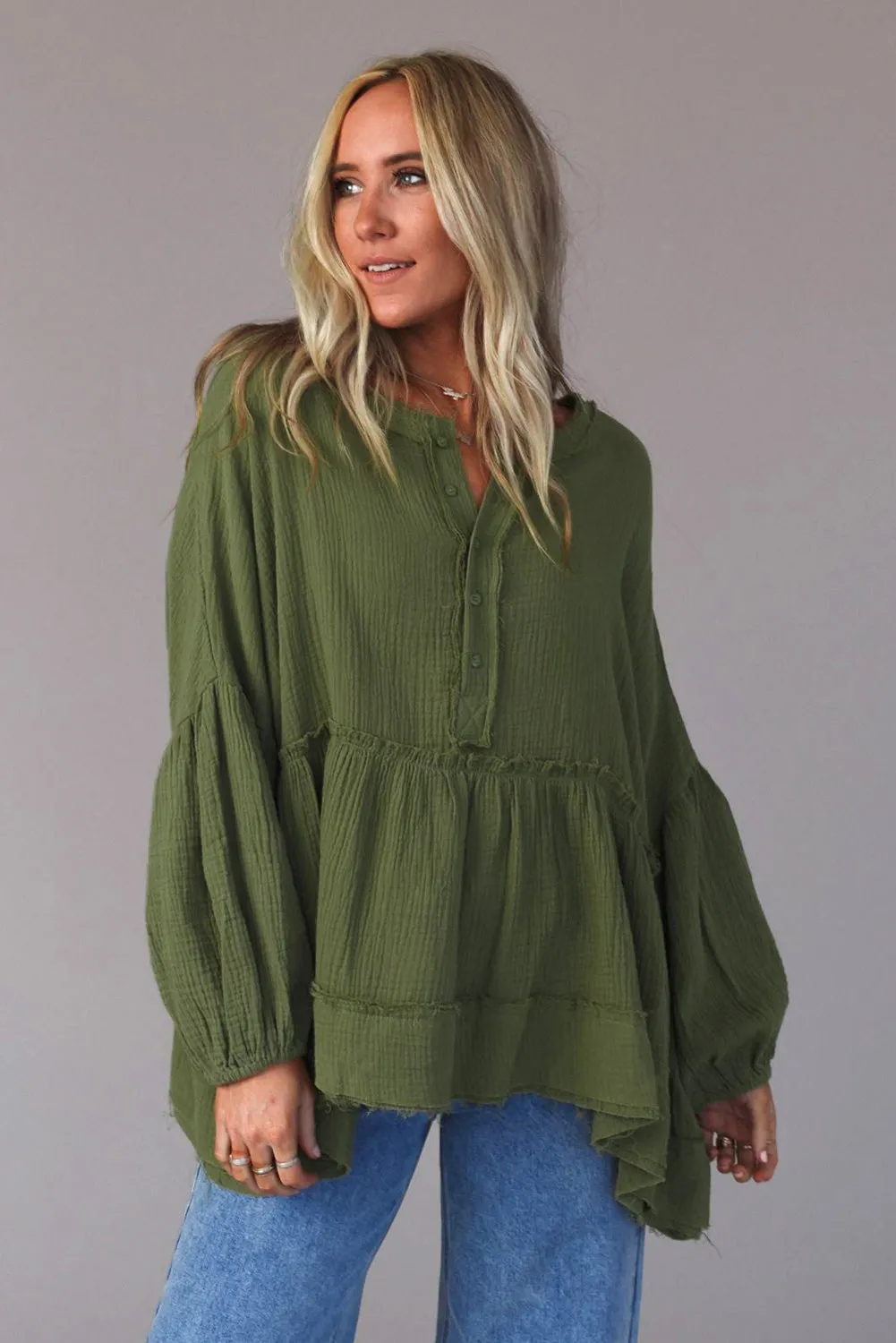 Green Henley Button Drop Shoulder Loose Sleeve Raw Edge Top