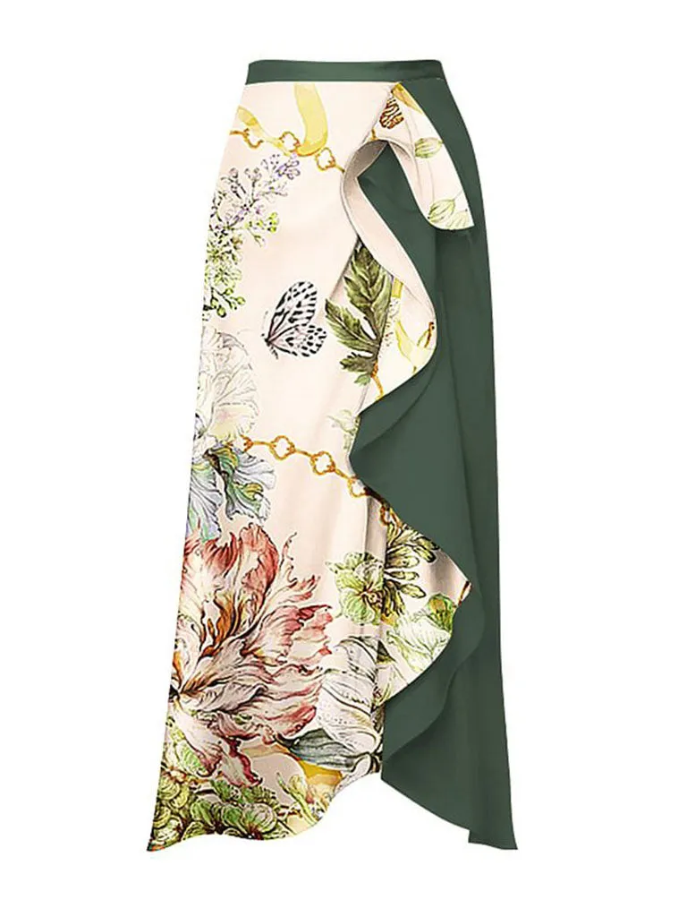 Green Retro Butterfly Print Bikini With Bathing Suit Wrap Skirt