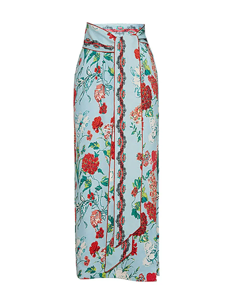 Green Retro Floral Print Strappy Bikini With Wrap Skirt Swimsuit