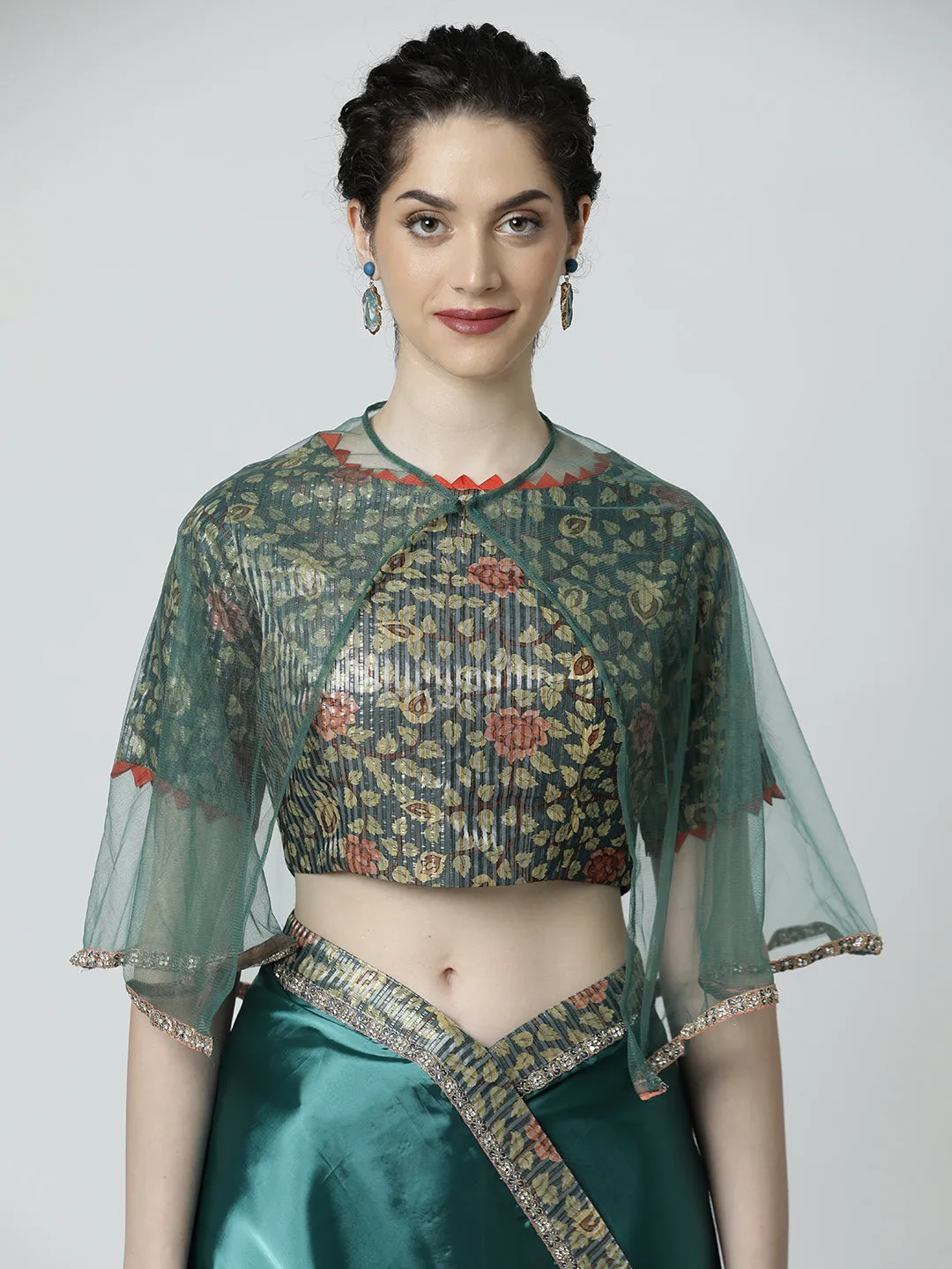 Green Satin Silk Readymade Saree with Readymade Blouse