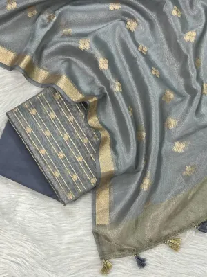 Grey Tissue Silk Suit with Zari Weaving