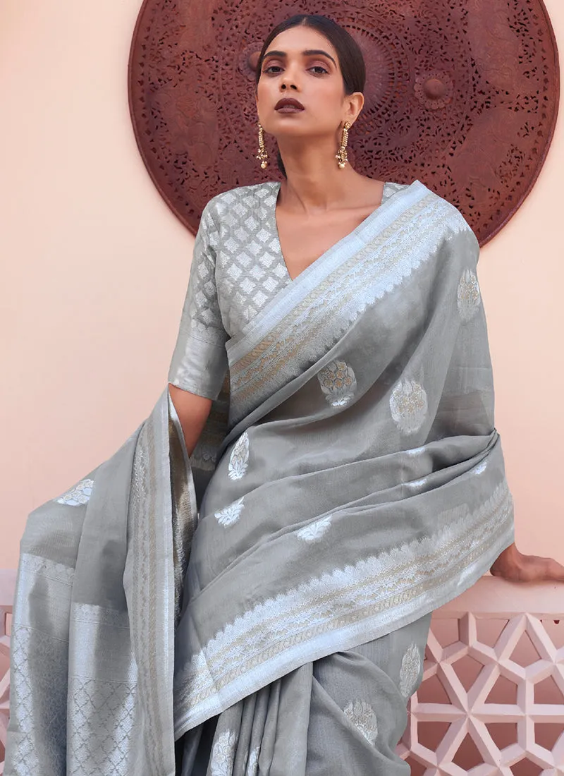 Grey Weaved Handloom Pure Linen Traditional Saree