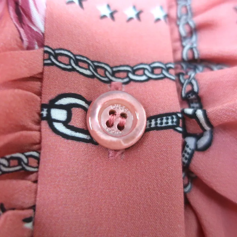 Gucci Ruffle Blouse Pink Floral Chain Print Silk Size 40 Long Sleeve Top