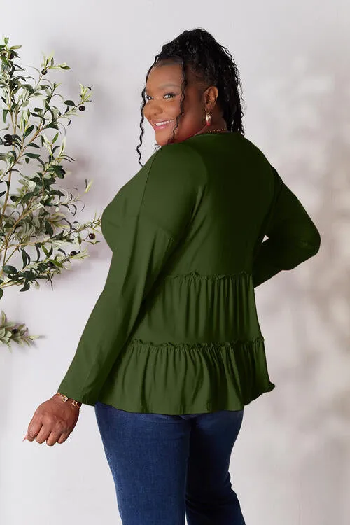 Half Button Tiered Long Sleeve Ruffle Hem Blouse