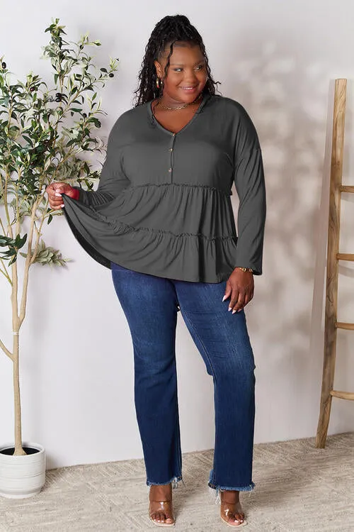 Half Button Tiered Long Sleeve Ruffle Hem Blouse