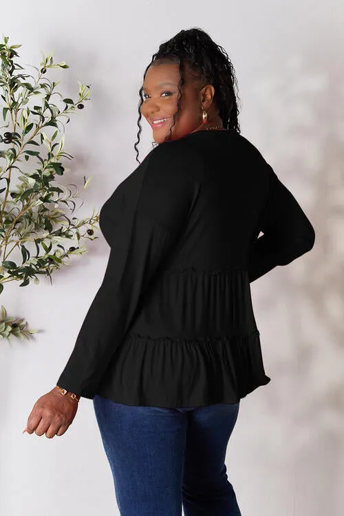 Half Button Tiered Long Sleeve Ruffle Hem Blouse