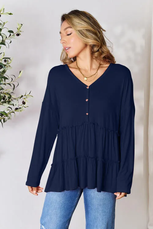 Half Button Tiered Long Sleeve Ruffle Hem Blouse