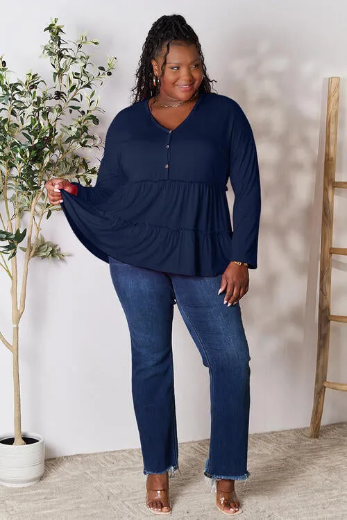 Half Button Tiered Long Sleeve Ruffle Hem Blouse