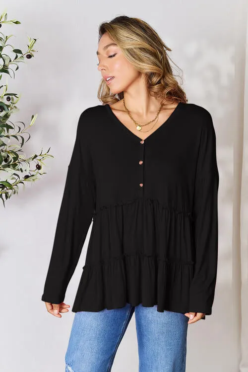 Half Button Tiered Long Sleeve Ruffle Hem Blouse