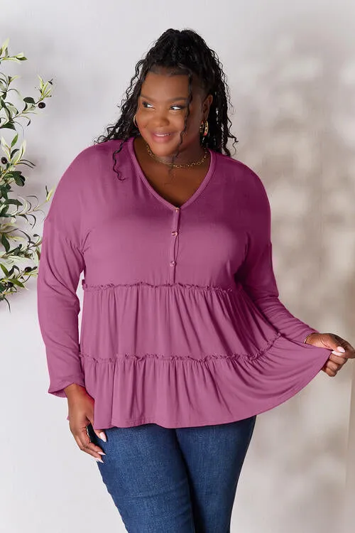 Half Button Tiered Long Sleeve Ruffle Hem Blouse