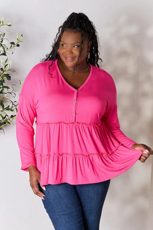 Half Button Tiered Long Sleeve Ruffle Hem Blouse