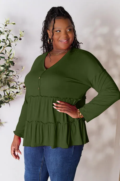 Half Button Tiered Long Sleeve Ruffle Hem Blouse
