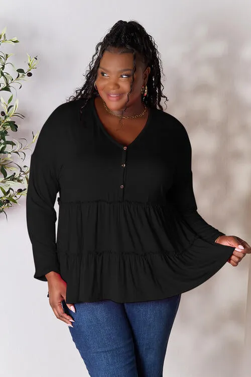 Half Button Tiered Long Sleeve Ruffle Hem Blouse