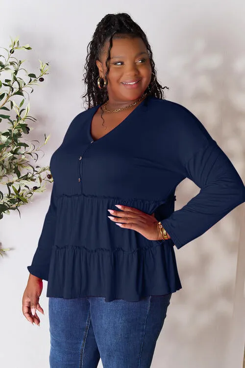 Half Button Tiered Long Sleeve Ruffle Hem Blouse