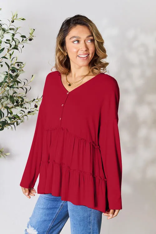 Half Button Tiered Long Sleeve Ruffle Hem Blouse